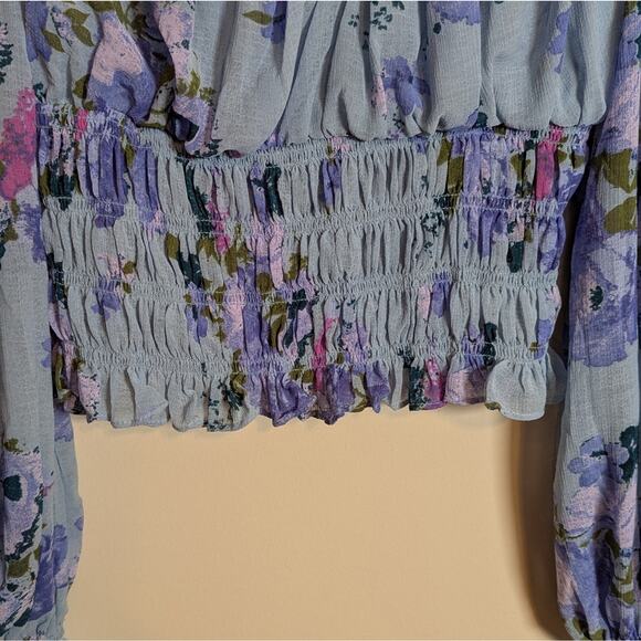 Free People Blue Floral Lace Long Sleeve Crop Top Blouse - Picture 5 of 10